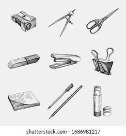 Hand-drawn sketch of Stationery Supplies for School and Office Set. The set includes pencil sharpener, compass (for drawing), scissors, eraser, rubber, stapler, sticker note, pen, pencil, glue stick 