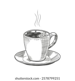 Hand-drawn sketch of steaming cup of coffee on saucer. Design element for cafes, menus, packaging, branding. Black and white graphic vector illustration with hatching isolated on white background.