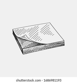 Hand-drawn sketch of a sticker notes cube on a white background. Stationery Supplies for School and Office. Sticker notes for making records