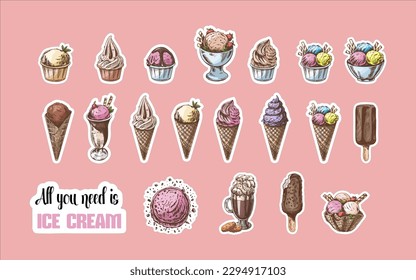A hand-drawn sketch sticker set  of a waffle cones and ice cream balls, frozen yoghurt, cupcakes, cocktail. Vintage illustration. Set. Element for the design.