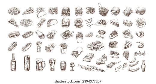 Hand-drawn sketch of street food, takeaway food, fast food, junk food and drinks. Burgers, potato french fries, chips, pizza, hot dogs, burritos, tacos, beer, bbq, meat, pies set.  Great for menu.