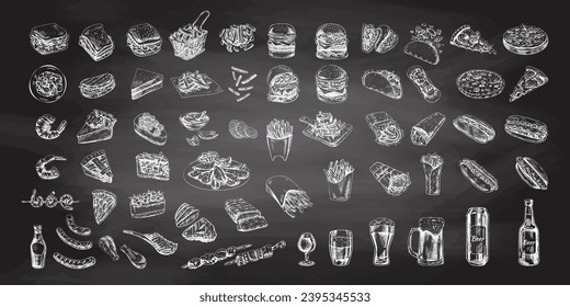 Hand-drawn sketch of street food, takeaway food, fast food, junk food and drinks on chalkboard background. Burgers, potato french fries, pizza, hot dogs, tacos, beer, bbq, pies set. Great for menu.