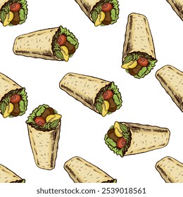 Burrito de estilo de esboço desenhado à mão com legumes e peças de carne isolados no fundo branco. Ilustração de fast food. Desenho antigo. Padrão contínuo