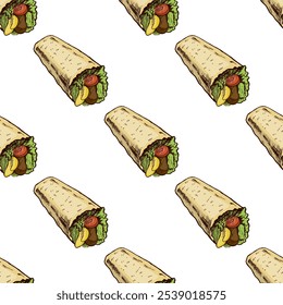 Burrito de estilo de esboço desenhado à mão com legumes e peças de carne isolados no fundo branco. Ilustração de fast food. Desenho antigo. Padrão contínuo