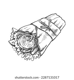 Hand-drawn sketch style burrito wrap with vegetables  pieces in paper package   isolated on white background. Fast food illustration. Vintage drawing. Element for the design of labels, packaging 