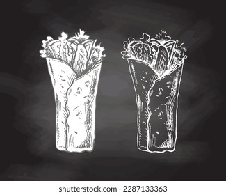 Hand-drawn sketch style burrito wrap with vegetables and meat  pieces isolated on chalkboard background. Fast food illustration. Vintage drawing. Element for the design of labels, packaging 