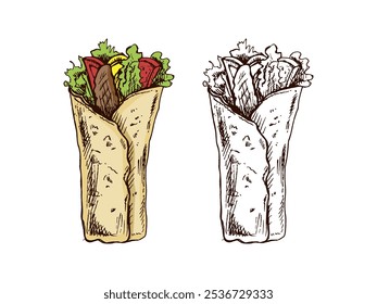 Envoltório de burrito estilo desenho à mão com vegetais e peças de carne isolados no fundo branco. Ilustração de fast food. Desenho antigo. Elemento para a concepção de etiquetas, embalagens e cartões postais. 