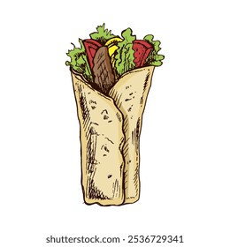 Envoltório de burrito estilo desenho à mão com vegetais e peças de carne isolados no fundo branco. Ilustração de fast food. Desenho antigo. Elemento para a concepção de etiquetas, embalagens e cartões postais. 