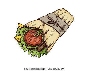 Envoltório burrito estilo esboço desenhado à mão com pedaços de vegetais em pacote de papel   isolado em fundo branco. Ilustração de fast food. Desenho antigo. Elemento para o desenho dos rótulos