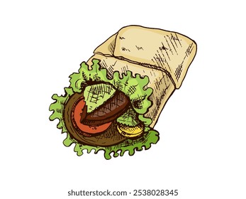 Envoltório de burrito estilo desenho à mão com vegetais e peças de carne isolados no fundo branco. Ilustração de fast food. Desenho antigo. Elemento para a concepção de etiquetas, embalagens e cartões postais. 