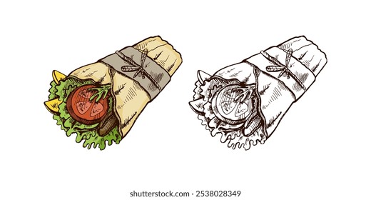 Envoltório burrito estilo esboço desenhado à mão com pedaços de vegetais em pacote de papel   isolado em fundo branco. Ilustração de fast food. Desenho antigo. Elemento para o desenho dos rótulos