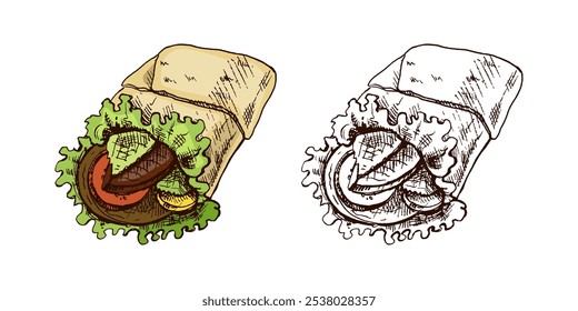 Envoltório de burrito estilo desenho à mão com vegetais e peças de carne isolados no fundo branco. Ilustração de fast food. Desenho antigo. Elemento para a concepção de etiquetas, embalagens e cartões postais. 