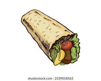 Envoltório de burrito estilo desenho à mão com vegetais e peças de carne isolados no fundo branco. Ilustração de fast food. Desenho antigo. Elemento para a concepção de etiquetas, embalagens e cartões postais. 