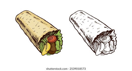 Envoltório de burrito estilo desenho à mão com vegetais e peças de carne isolados no fundo branco. Ilustração de fast food. Desenho antigo. Elemento para a concepção de etiquetas, embalagens e cartões postais. 