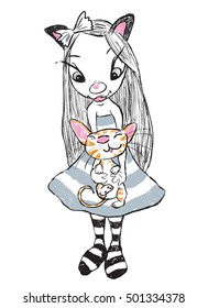 Hand-drawn Sketch Style Cartoon Girl with Funny Ginger Tabby Cat