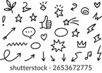 Hand-drawn sketch style doodle elements. Includes arrows, stars, hearts, lightning, bubbles, thumbs up, and other fun cartoon icons for decoration or annotation