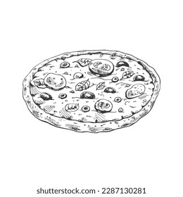 Hand-drawn sketch style pizza Margherita. Traditional Italian cuisine. Dough, tomato sauce, melted mozzarella cheese, basil leaves, tomatoes. Vintage illustration. 