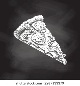 Hand-drawn sketch style pizza slice isolated on chalkboard background. Pizza with mozzarella, tomato sauce, sausage, olives, shrimps, melted cheese. Fast food vintage illustration.