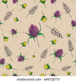 Handdrawn sketch style vector pattern with colored pink and yellow wildflowers on vintage textured paper background. Perfect for tissue, textile and fashion fabrics or paper design.