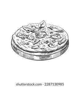 Hand-drawn sketch style vegetarian pizza on a wooden plate  isolated on white background. Fast food vintage illustration. Element for the design of labels, packaging and postcards.

