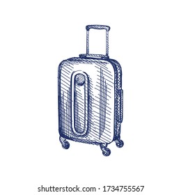 Hand-drawn sketch of suitcase. Hard plastic suitcase with rounded square corners and carrying handle on one side for transporting clothes, toiletries and other small possessions during trips. 
