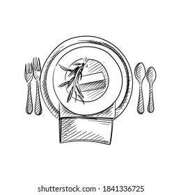 Hand-drawn sketch of table service set for Wedding ceremony. Preparation for wedding ceremony. Plates, knife, spoon, fork, napkin. Holiday. Celebration.