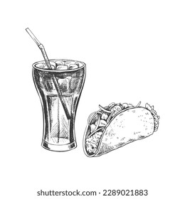 Hand-drawn sketch of taco,  cola glass  with ice, isolated. Monochrome junk food vintage illustration. Great for menu, poster or restaurant background.
