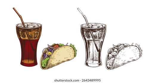 Hand-drawn sketch of taco,  cola glass  with ice, isolated. Monochrome junk food vintage illustration. Great for menu, poster or restaurant background.