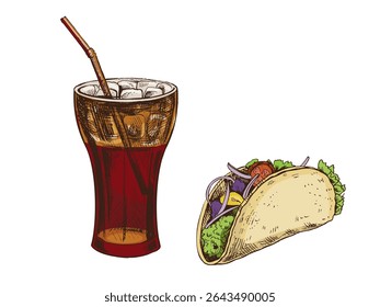 Esboço desenhado à mão de taco, vidro de cola com gelo, isolado. Ilustração monocromática da safra de junk food. Ótimo para cartaz, cartaz ou fundo de restaurante.