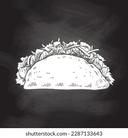 Hand-drawn sketch of taco isolated on chalkboard background. Fast food vintage illustration. Element for the design of labels, packaging and postcards
