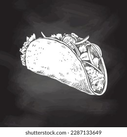 Hand-drawn sketch of taco isolated on chalkboard background. Fast food vintage illustration. Element for the design of labels, packaging and postcards