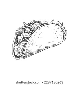 Hand-drawn sketch of taco on white background. Fast food vintage illustration. Element for the design of labels, packaging and postcards
