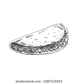 Hand-drawn sketch of taco on white background. Fast food vintage illustration. Element for the design of labels, packaging and postcards
