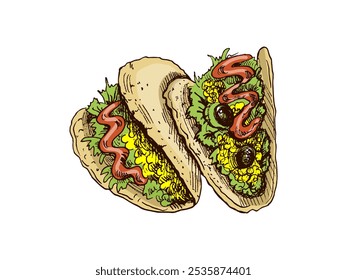 Hand-drawn sketch of taco on white background. Fast food vintage illustration. Element for the design of labels, packaging and postcards

