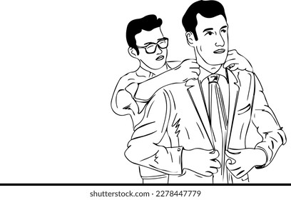 Hand-Drawn Sketch of a Tailor Assisting His Client with a New Coat and Tie, Outlined Drawing of a Man Finding His Favorite Suit with the Help of a Tailor, Sartorial Elegance, Tailored to Perfection