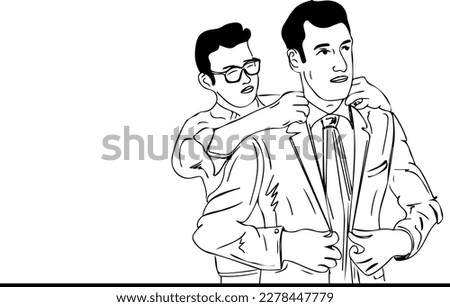 Hand-Drawn Sketch of a Tailor Assisting His Client with a New Coat and Tie, Outlined Drawing of a Man Finding His Favorite Suit with the Help of a Tailor, Sartorial Elegance, Tailored to Perfection