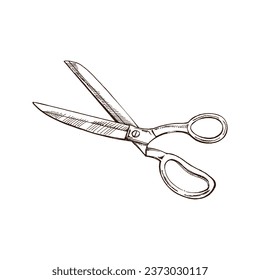 Hand-drawn sketch of tailor's scissors. Handmade, sewing equipment concept in vintage doodle style. Engraving style.