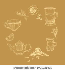 Hand-drawn sketch tea leaves and different tools, vector illustration.