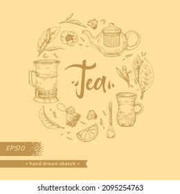 Dibujar hojas de té y diferentes herramientas, ilustración vectorial.