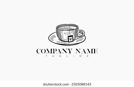 A hand-drawn sketch of a teacup and tea bag, stylized as a company logo.