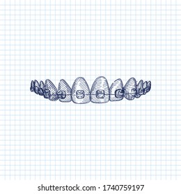 Hand-drawn sketch of teeth and braces on a white background. Dental instruments. Dentistry tools and equipment. Stomatology attributes	
