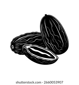 A hand-drawn sketch of three dark, oval-shaped dried fruits, one cut in half, revealing its textured interior.