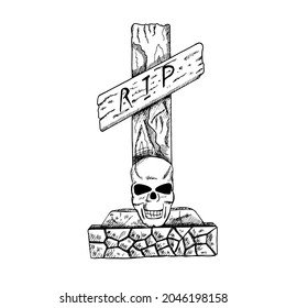 A hand-drawn sketch of a tombstone in the form of a cross with a skull at the base. Vector vintage illustration. Drawing with an ink pen. Vector illustration of Halloween.