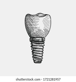 Hand-drawn sketch of tooth on a tooth implant on a white background. Dental instruments. Dentistry tools and equipment. Stomatology attributes