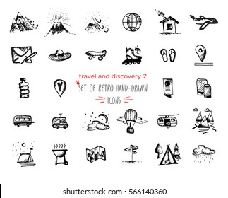 Hand-drawn sketch Travel and vacation icon collection. Vector illustrations Black on white background