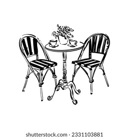 Hand-drawn sketch. Two chairs and tea cups on the table. Vacation postcard. Black and white street cafe furniture. Bistro round table with two chairs hand drawn marker