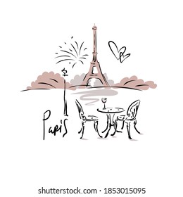 Hand-drawn sketch. Two chairs and wineglass on the table, silhouette of Eiffel Tower on skyline. Lettering Paris. Romantic scene. European city landscape. Vacation postcard. Stock vector illustration