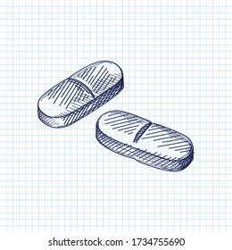 Esbozo dibujado a mano de dos pastillas blancas largas. Herramientas médicas. Primeros auxilios. Dos comprimidos. Drogas. Tratamiento. Dos cápsulas	
