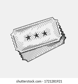 Hand-drawn sketch of two movie tickets on a white background. Going to the cinema. Watching a movie. 