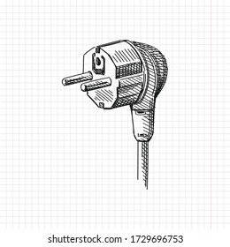 Hand-drawn sketch of Type E plug. Electrical tool for energy. Tool for connection. Power and energy connection. Instruments for Electric Power	
